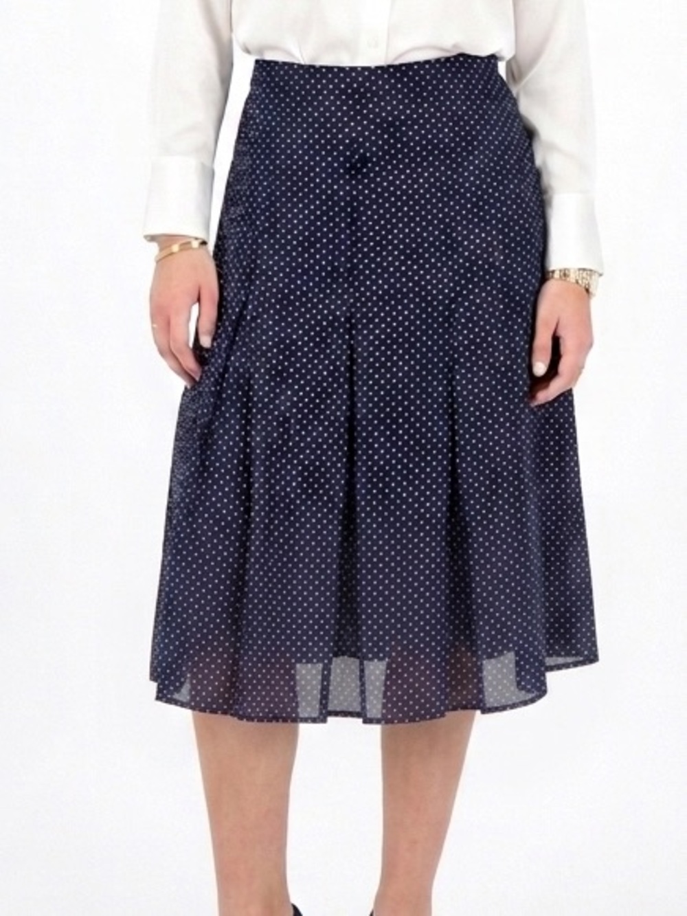 Bianca Nygård 100% Silk Y2K Polka Dot Flared Midi Skirt Navy Blue Size 8 EUC